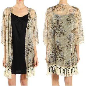 🆕 Rose Design Earth-Toned Kimono w/ Crochet Tassels at Hem Sz. S